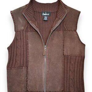 Vintage 80's Mad Max Genuine Leather Patchwork Vest Cable Knit Zip Brown P Large